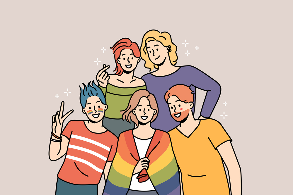 Smiling people with LGBT flag posing together showing unity and support. Happy homosexual men and women pose on pride parade. Vector illustration. . Smiling people pose with LGBT flag