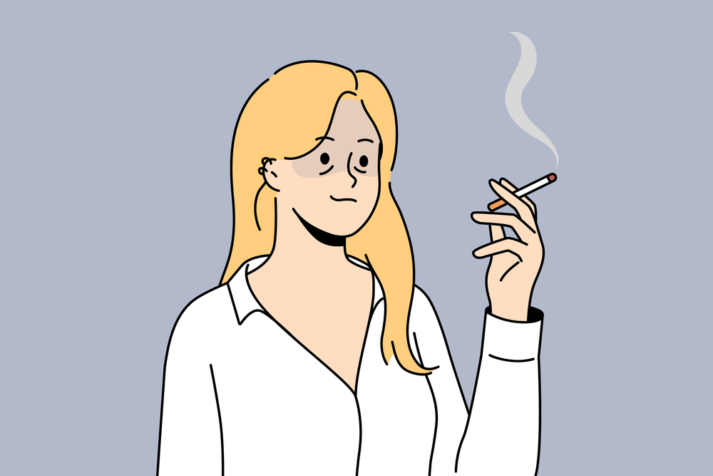 Unhealthy tired young woman feel overwhelmed smoking cigarette. Unhappy female employee with bad habit feeling exhausted and overworked. Vector illustration. . Tired woman smoking cigarette