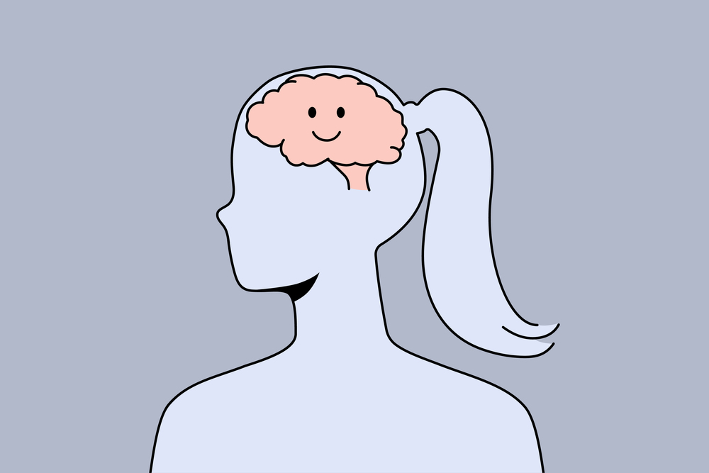 Smiling brain in woman head. Female with positive and optimistic view on life. Concept of optimism and wellbeing. Vector illustration. . Smiling brain in woman head
