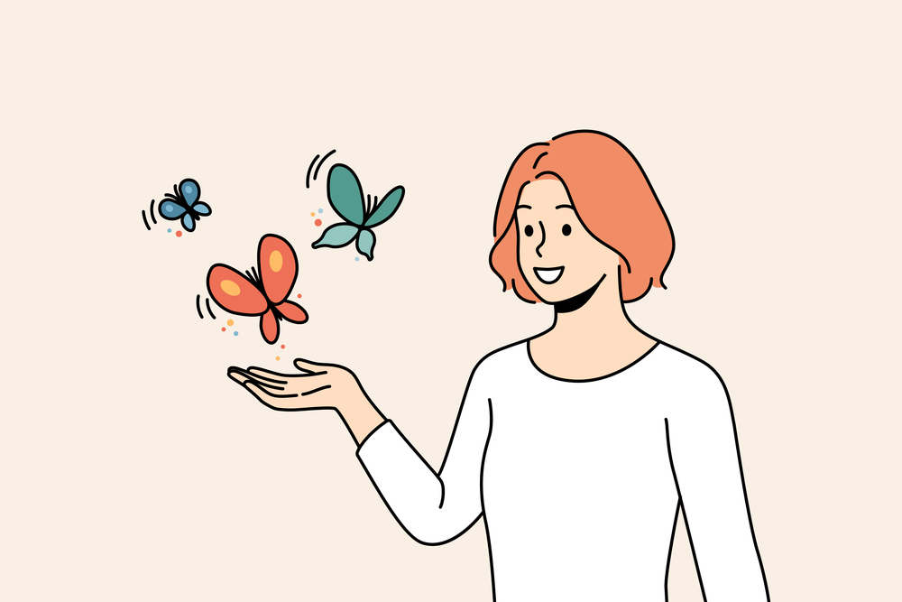 Smiling young woman with butterflies flying near hand. Happy female enjoy wild nature and outdoors. Vector illustration. . Smiling woman with butterflies