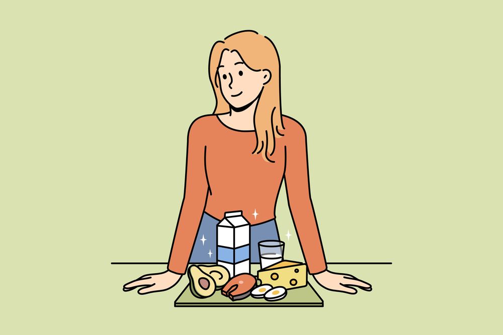Smiling woman show organic products recommend healthy lifestyle. Happy female nutritionist or dietician with dairy and natural meal. Diet and healthcare. Vector illustration. . Smiling woman with healthy organic products