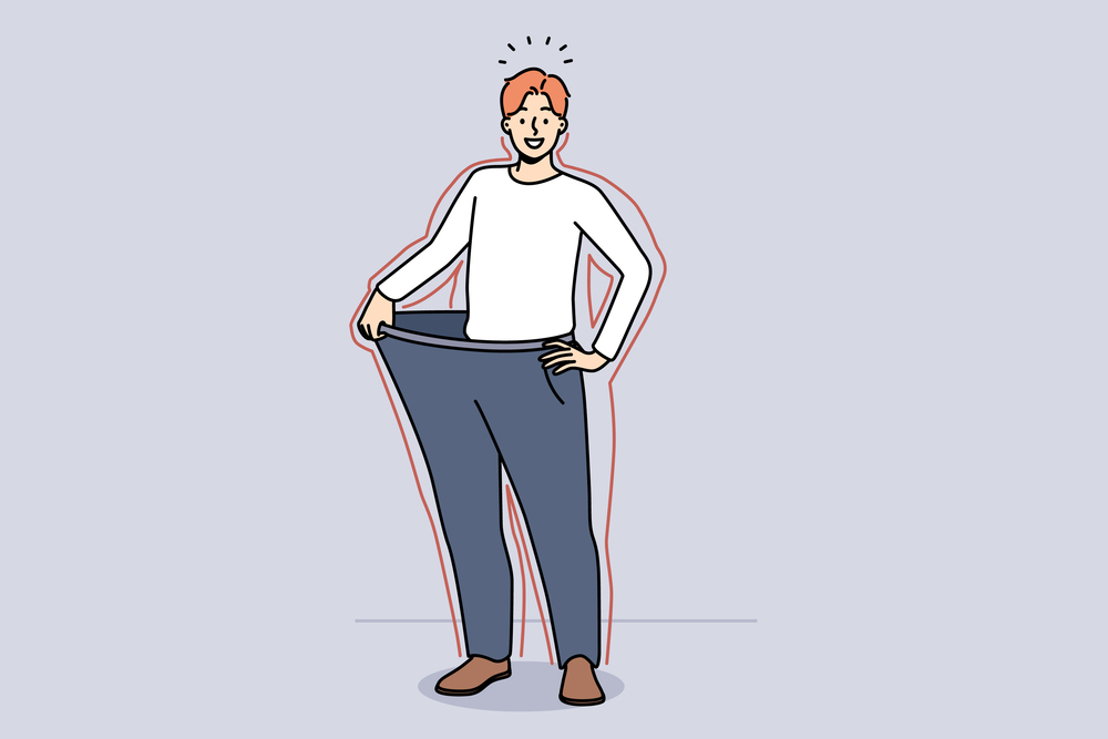 Smiling young man in loose pants show results of diet. Happy slim guy demonstrate nutrition result and weight loss. Vector illustration. . Smiling man in loose pants show weight loss
