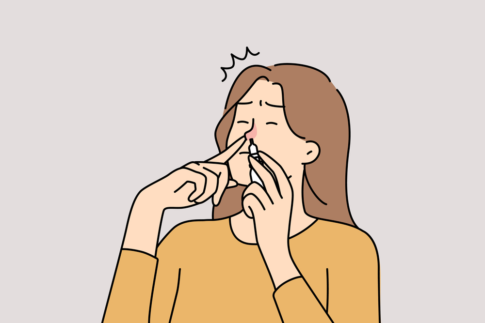 Unhealthy woman suffer from rhinitis put medical drops into nose. Unwell female with runny nose take medication. Vector illustration. . Unwell woman use drops for runny nose