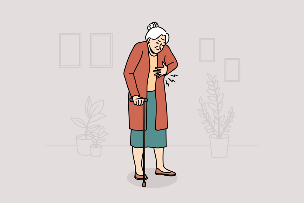 Unhealthy elderly woman touch heart suffer from pain. Unwell mature grandmother struggle with cardiac arrest or infarction. Healthcare concept. Vector illustration. . Unhealthy woman touch heart feel pain