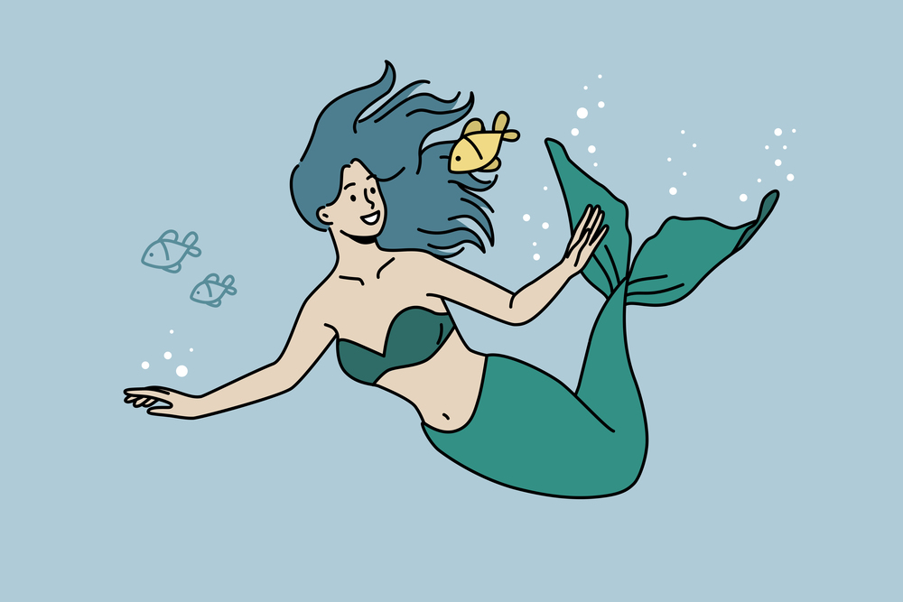 Young mermaid swimming underwater with gold fish. Smiling water nymph in sea or ocean. Marine life. Vector illustration. . Mermaid swimming underwater