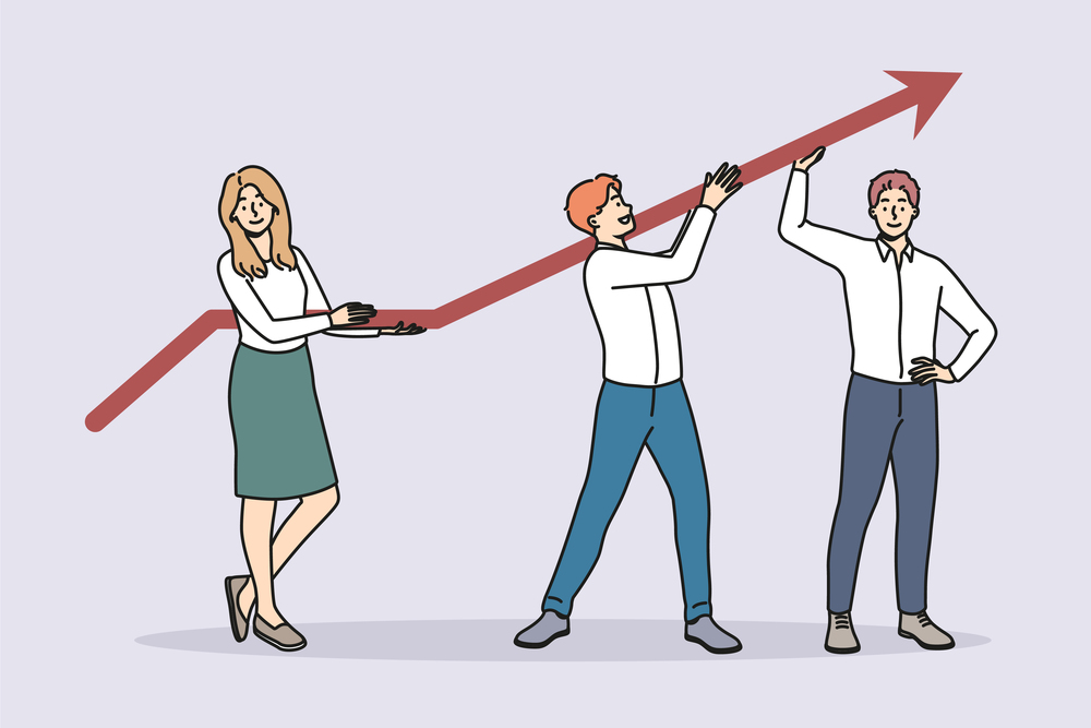 Smiling businesspeople with arrow facing up working together for shared success. Happy employees show financial success or rise. Vector illustration. . Smiling employees holding arrow facing up