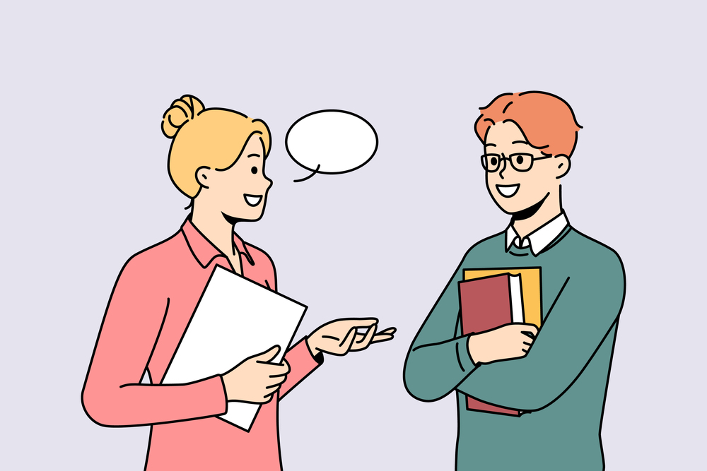 Smiling businesspeople with speech bubble above head communicate in office. Happy employees or colleagues talk discuss ideas. Vector illustration. . Smiling colleagues talk discuss ideas