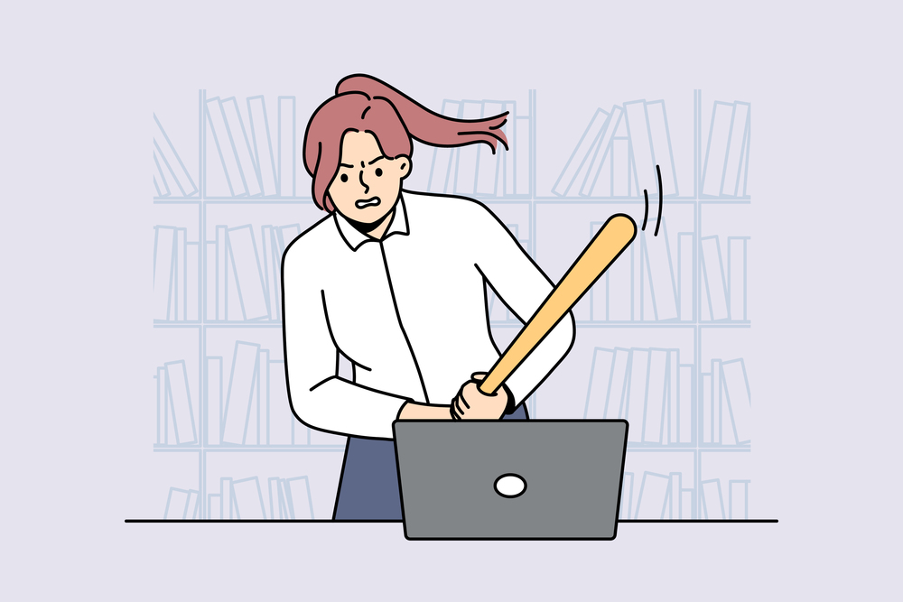 Furious female employee with bat breaking laptop overwhelmed with office job. Angry businesswoman crash computer at workplace. Burnout concept. Vector illustration. . Furious businesswoman crash computer with bat