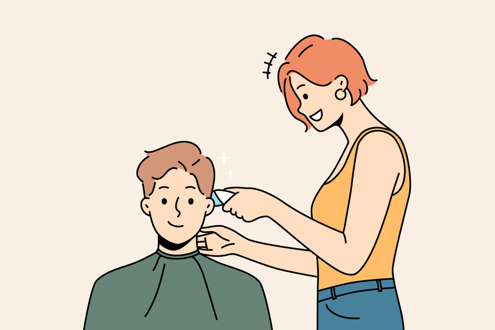 Smiling male client get hairdo in barbershop. Female barber give hairstyle to happy man customer in saloon. Beauty and haircare. Vector illustration. . Smiling male get hairdo in barbershop