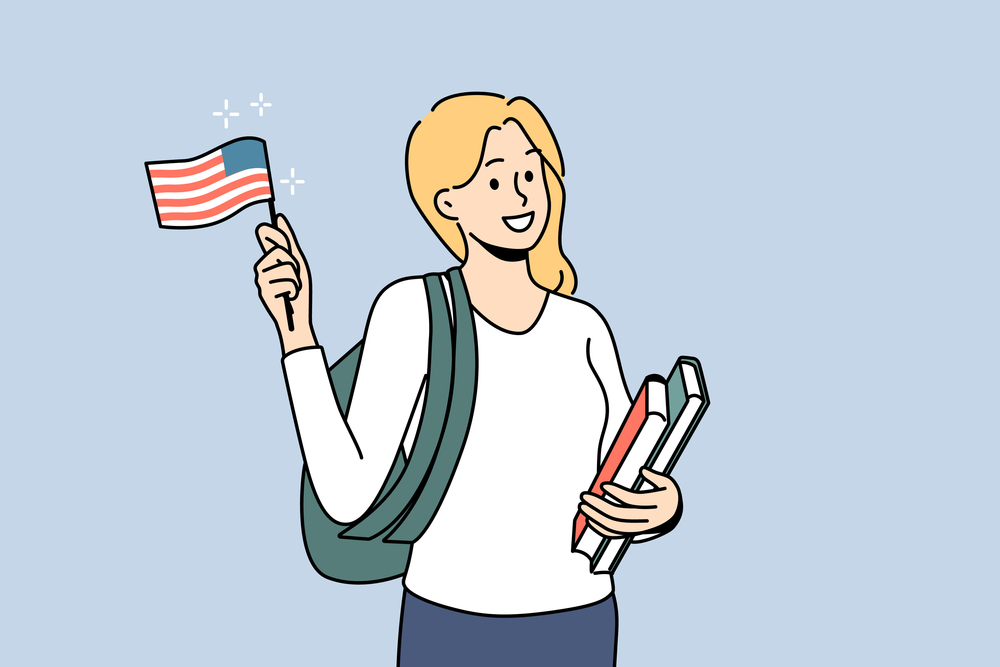 Smiling girl student with backpack and books holding American flag in hands. Happy woman ready for international study program abroad. Vector illustration. . Smiling girl student with American flag