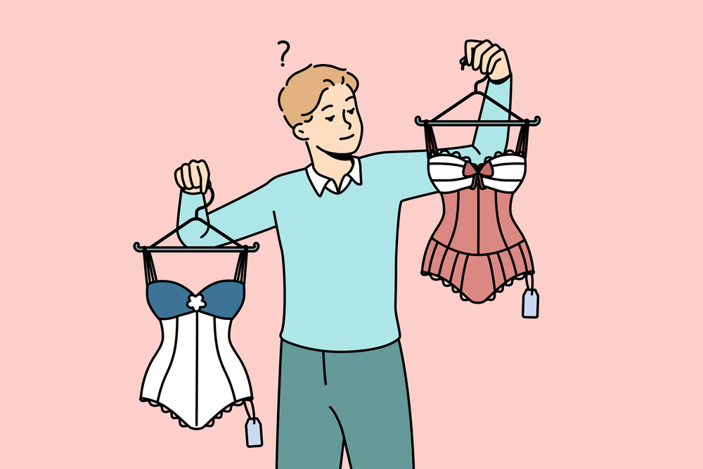 Confused young man choosing lingerie for girlfriend in shop. Frustrated male buying sexy underwear or body for woman. Vector illustration. . Confused man choosing sexy women lingerie