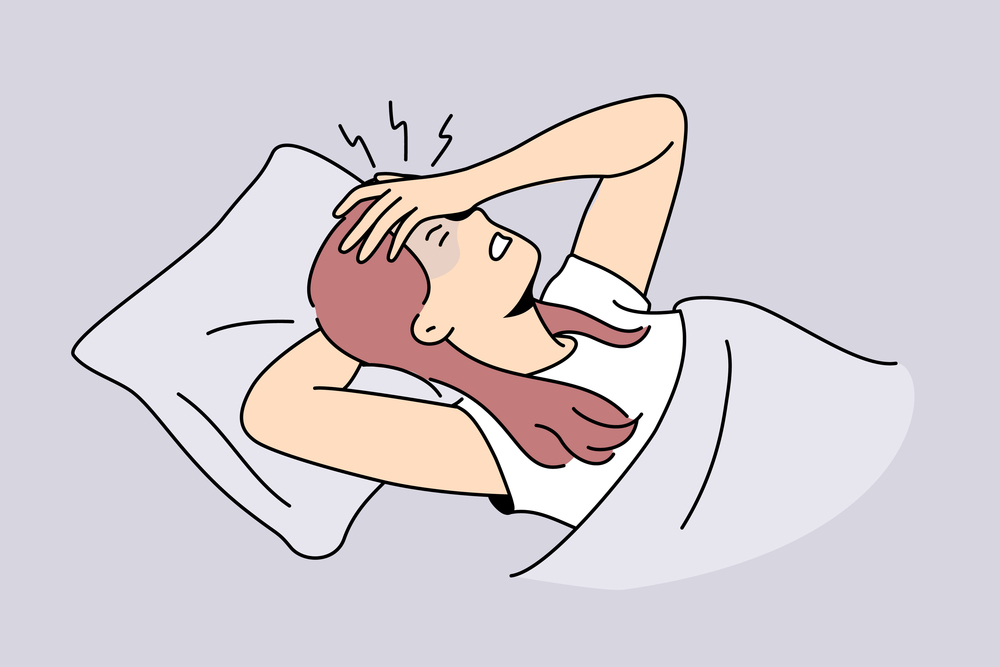 Unhealthy young woman lying in bed suffering from migraine. Unwell girl struggle from headache at home. Healthcare concept. Vector illustration. . Unhealthy woman lying in bed suffering from migraine