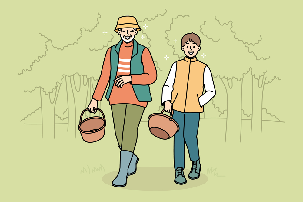Smiling grandfather and grandson walking in forest with baskets. Happy granddad and grandchild look for mushrooms in wood together. Vector illustration. . Smiling grandfather and grandson with baskets in forest