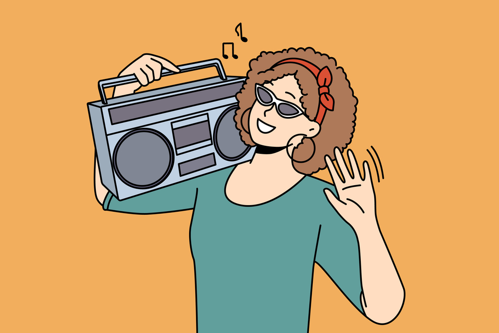 Smiling young woman in sunglasses with stereo on shoulder listen to music. Happy girl enjoy good sound on retro system. Vector illustration. . Smiling woman with stereo on shoulder