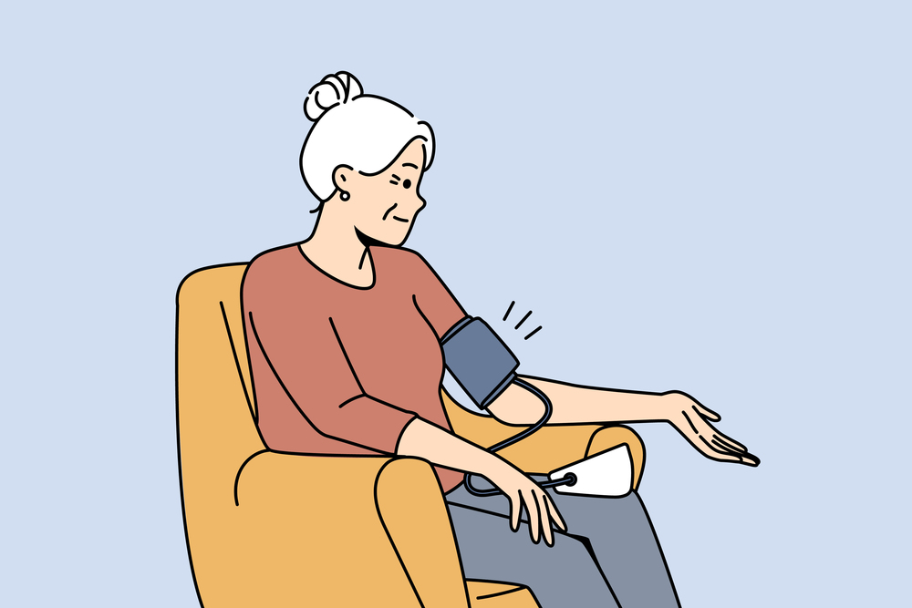 Older woman sitting in chair measuring blood pressure with tonometer. Mature grandmother check health make measurement with electronic device. Vector illustration. . Elderly woman check blood pressure with device