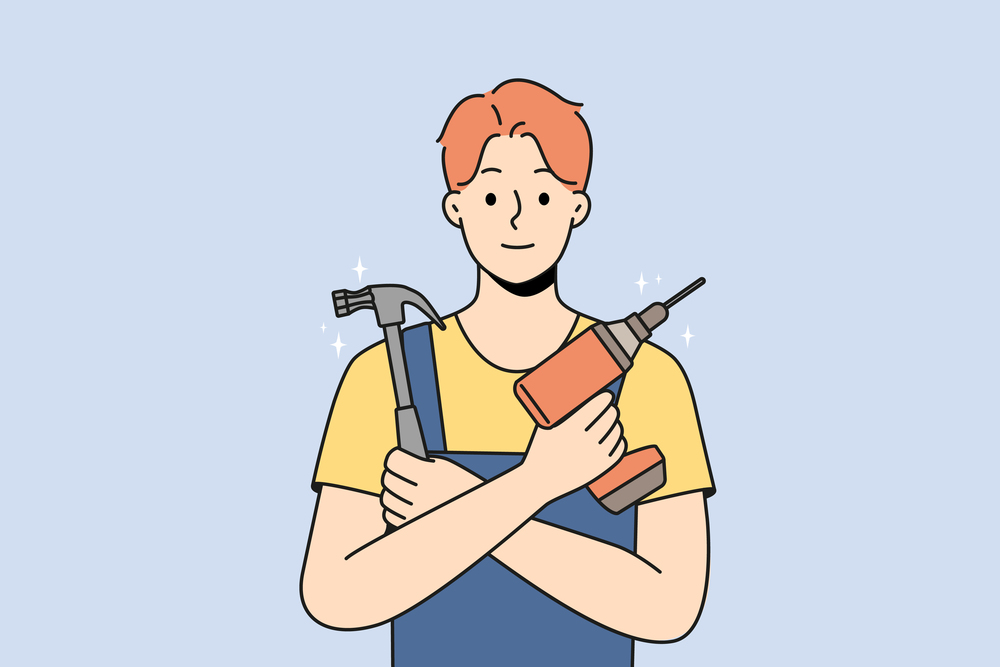 Smiling young male mechanic in uniform holding repairing tools in hands. Happy repairman or engineer with drill and hammer ready for fix. Vector illustration. . Smiling repairman with tools in hands