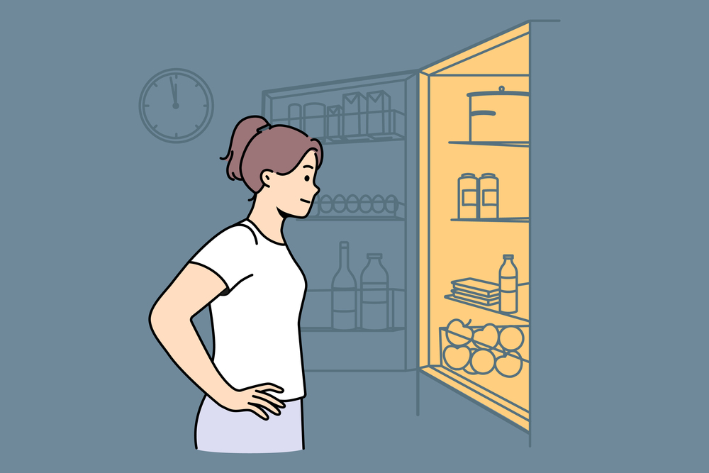 Bored young woman look in fridge at night. Millennial female feel hungry search for food or midnight snack in refrigerator. Vector illustration. . Young woman look for midnight snack in fridge