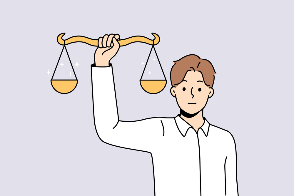 Man holding scales in hands showing balance. Male with weighs demonstrate justice and law. Human rights concept. Vector illustration. . Man holding scales in hands
