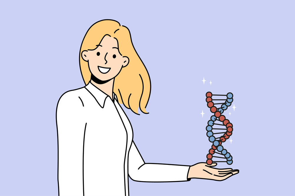 Smiling young woman hold DNA model in hands. Happy female scientist or searcher with DNA spiral. Science and genetics concept. Vector illustration. . Smiling female scientist hold DNA model