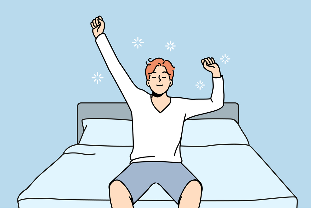 Happy young man stretch waking up in home bedroom. Smiling guy excited with good morning in bed do morning gymnastics. Vector illustration. . Happy man stretch in bed