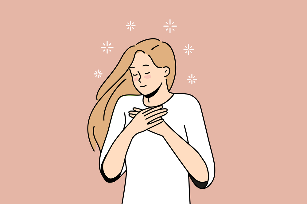 Happy young woman hold hands at chest feel grateful and thankful. Smiling millennial girl show love and gratitude. Vector illustration. . Happy woman with hands at chest feel grateful