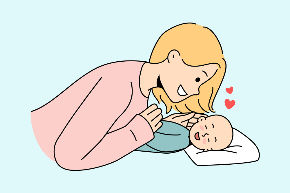 Smiling young mother play with cute newborn baby. Happy mom cuddle little child infant enjoy motherhood. Parenting concept. Vector illustration. . Smiling mom play with newborn baby
