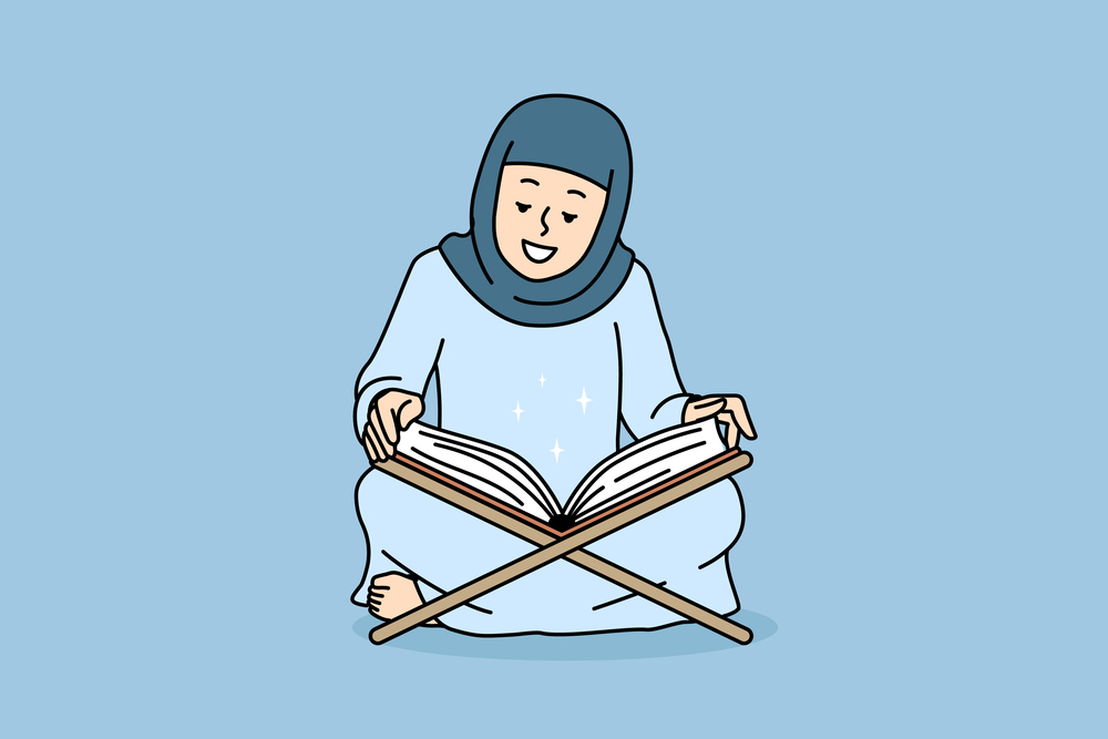 Smiling Arabic woman in abaya read Koran at home. Happy Arabian female in hijab pray with holy muslim book. Vector illustration. . Arabic woman read Koran