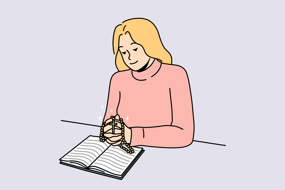 Religious young woman read bible pray with rosary. Female believer praying to god in church. Faith and religion. Vector illustration. . Woman read bible pray with rosary