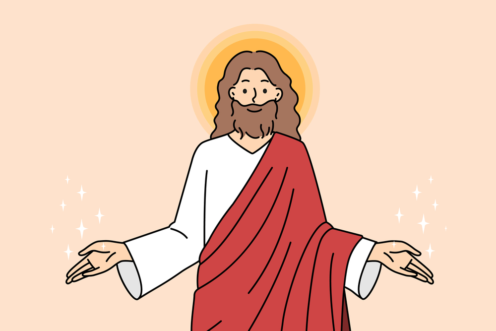 Jesus Christ stretch hands welcome believers. God send share love and protection to people. Religion and faith. Vector illustration. . Jesus Christ share love to people