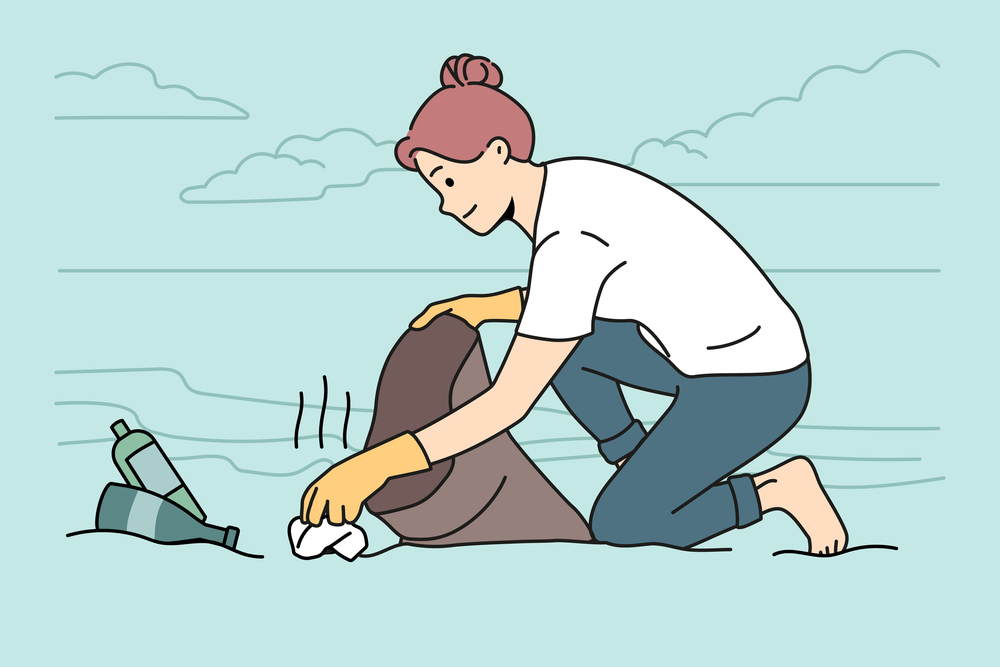 Female activist clean beach or seashore from garbage and waste. Woman volunteer collect trash outdoors care about environment protection and pollution. Vector illustration. . Female activist clean nature from garbage