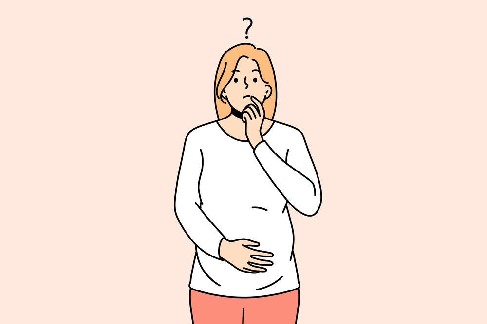 Frustrated young pregnant woman touch belly feeling doubtful thinking. Confused female feel questionable and unsure about pregnancy. Vector illustration. . Young pregnant woman feel confused