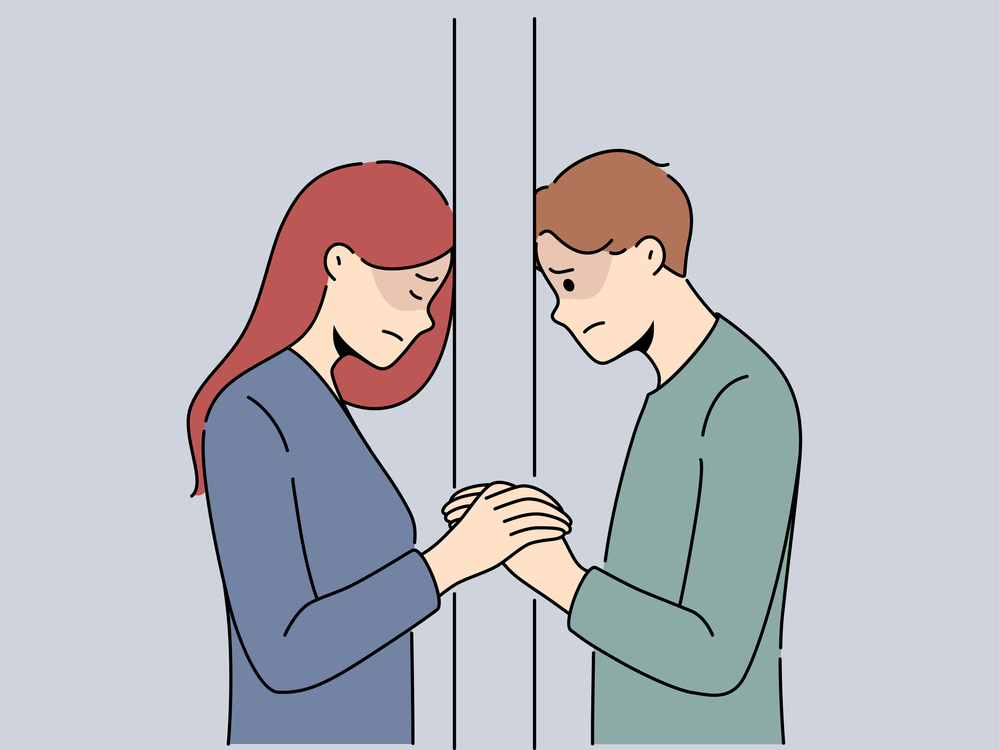 Unhappy couple separated by wall suffer from breakup or separation. Upset distressed man and woman struggle with relationships split. Vector illustration. . Unhappy couple separated by wall