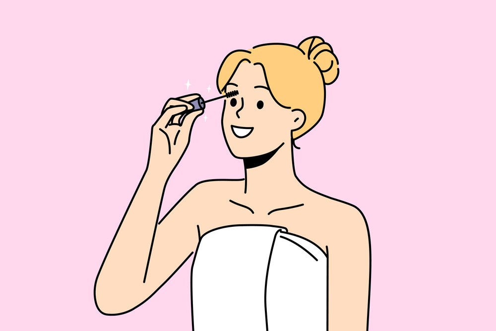 Smiling woman in towel on body doing makeup at home. Happy female painting lashes with mascara. Beauty and getting ready. Vector illustration. . Smiling woman painting lashes with mascara
