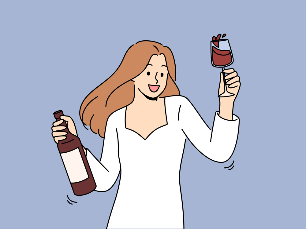 Woman dances at party holding bottle of wine and glass filled with exquisite alcoholic drink. Girl in white dress for party is addicted to alcohol and rejoices at new opportunity to drink. Woman dances at party holding bottle of wine and glass filled with exquisite alcoholic drink