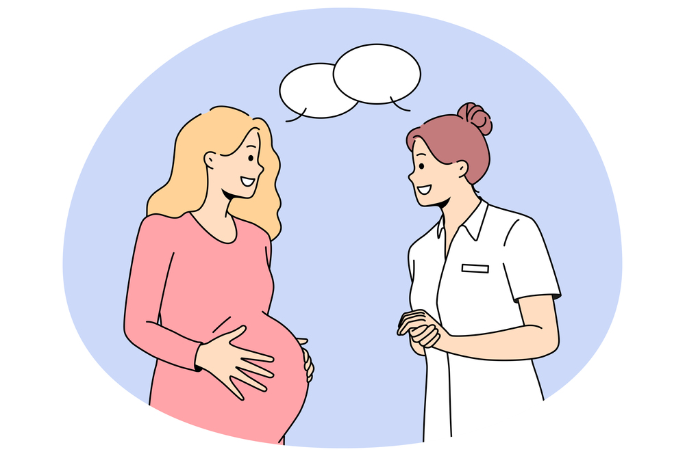 Gynecologist consult pregnant woman at hospital. Caring doctor or nurse talking with future mother. Pregnancy and maternity healthcare. Vector illustration.. Doctor consult pregnant woman