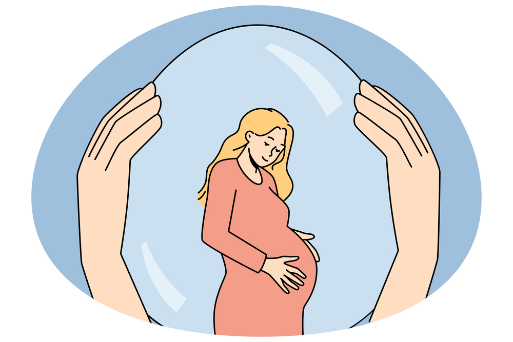 Hands holding pregnant woman in safety bubble. Female with belly protected from society. Motherhood and pregnancy concept. Vector illustration.. Hand holding pregnant woman in safety bubble
