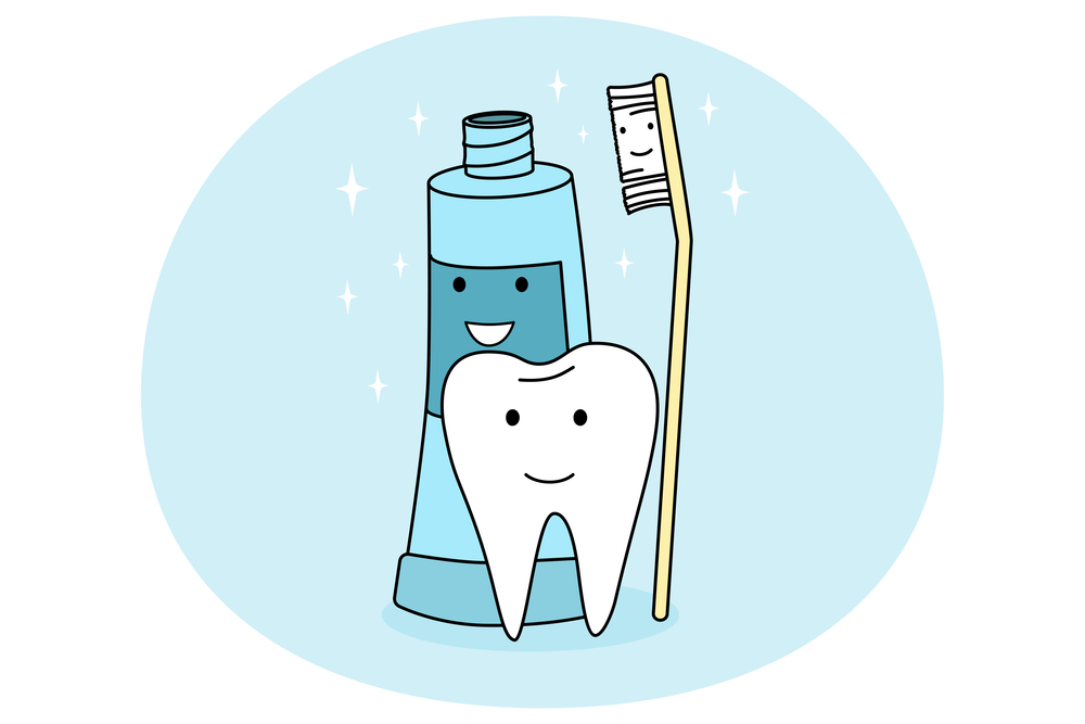 Smiling tooth, toothbrush and toothpaste feeling positive recommend good oral care. Concept of dental treatment and healthcare. Dentistry recommendation. Vector illustration.. Smiling tooth, toothbrush and toothpaste feeling positive