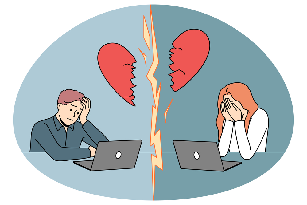 Unhappy man and woman dating online end relationship. Sad couple have breakup or misunderstanding talking on internet. Vector illustration.. Unhappy couple end online relationships