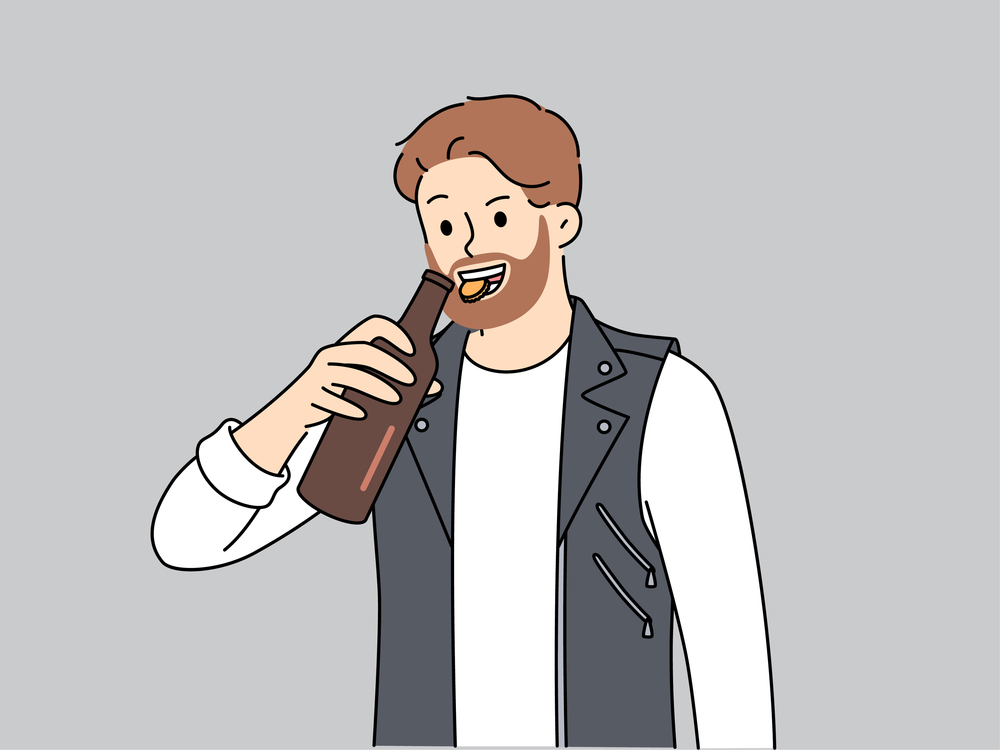 Brutal man opens bottle of beer with teeth and smiles, suffering from alcohol addiction. Young bearded guy in leather vest drinks beer enjoying taste of refreshing intoxicating drink. Brutal man opens bottle of beer with teeth and smiles, suffering from alcohol addiction.