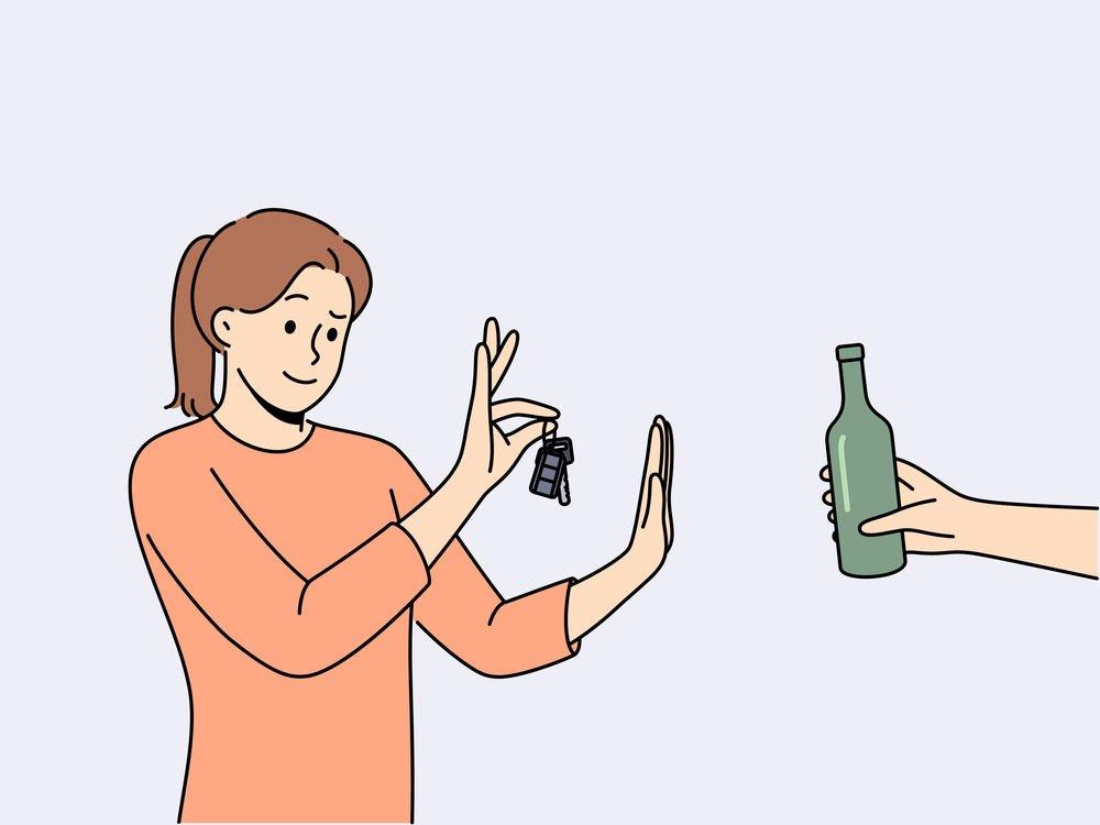 Woman driver refuses alcohol and holds car keys standing near human hand with bottle of beer. Concept of sobriety and awareness of driver who does not want to drive after drinking alcohol. Woman driver refuses alcohol and holds car keys standing near human hand with bottle of beer