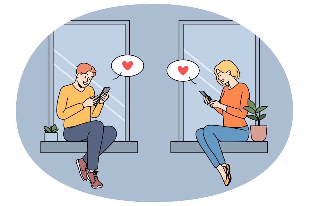 Couple sitting on windowsills texting online on cellphones. Man and woman in love message on internet on smartphones. Web dating. Vector illustration.. Couple texting online on smartphones