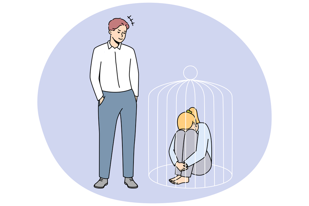 Authoritarian man lock woman in cage. Wife suffer from domestic violence and no rights. Toxic relationships concept. Vector illustration.. Man lock sad woman in cage