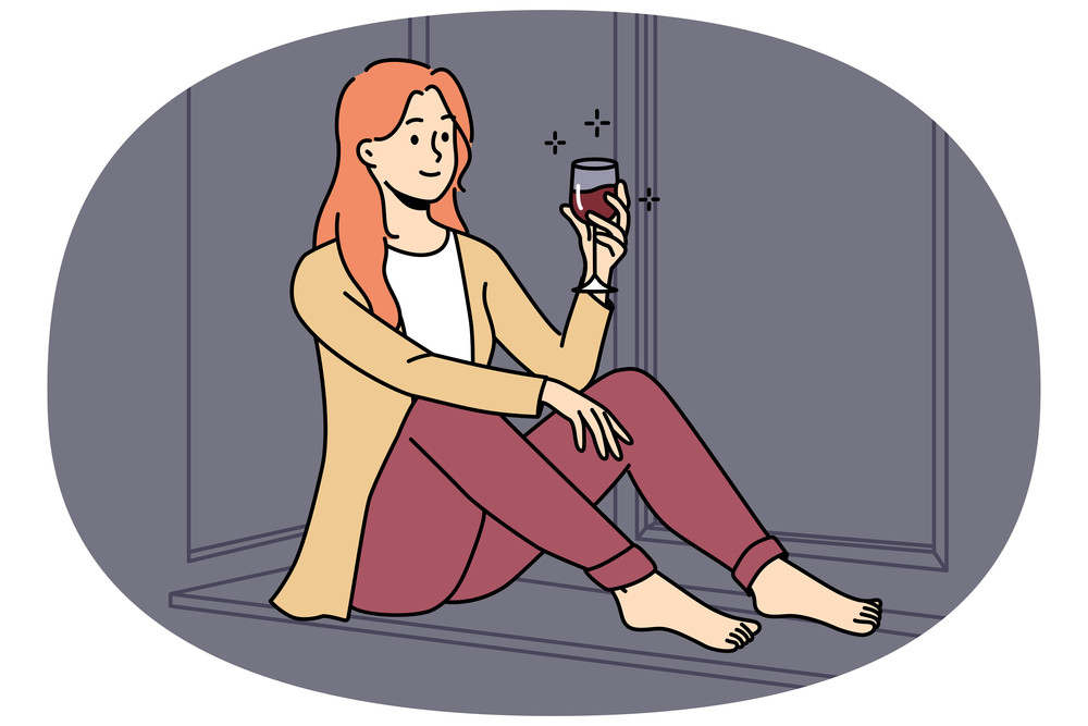 Happy young woman sit on windowsill at home relax with glass of red wine. Smiling girl rest indoors on weekend with drink. Relaxation. Vector illustration.. Happy woman relax at home with red wine