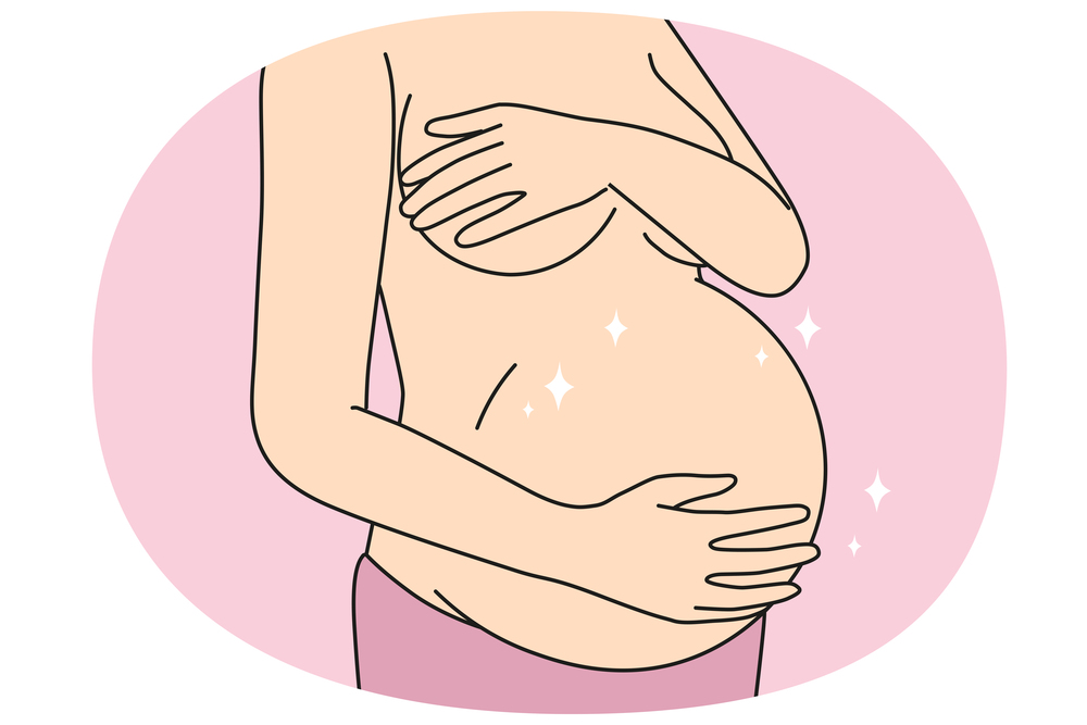 Close-up of naked woman touching pregnant belly ready for future maternity. Female excited with pregnancy. Motherhood and mom to be. Vector illustration.. Pregnant woman touching naked belly