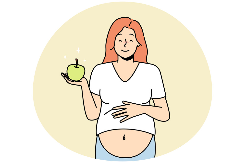 Smiling pregnant woman with apple. Vector Smiling young pregnant woman holding apple recommend healthy diet. Happy female follow pregnancy nutrition eat fruits. Vector illustration.. Smiling pregnant woman with apple