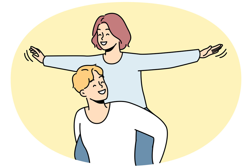 Happy young woman piggyback smiling man have fun together. Loving guy carrying on shoulders excited girl. Love and relationships. Vector illustration.. Happy man carry on back smiling woman
