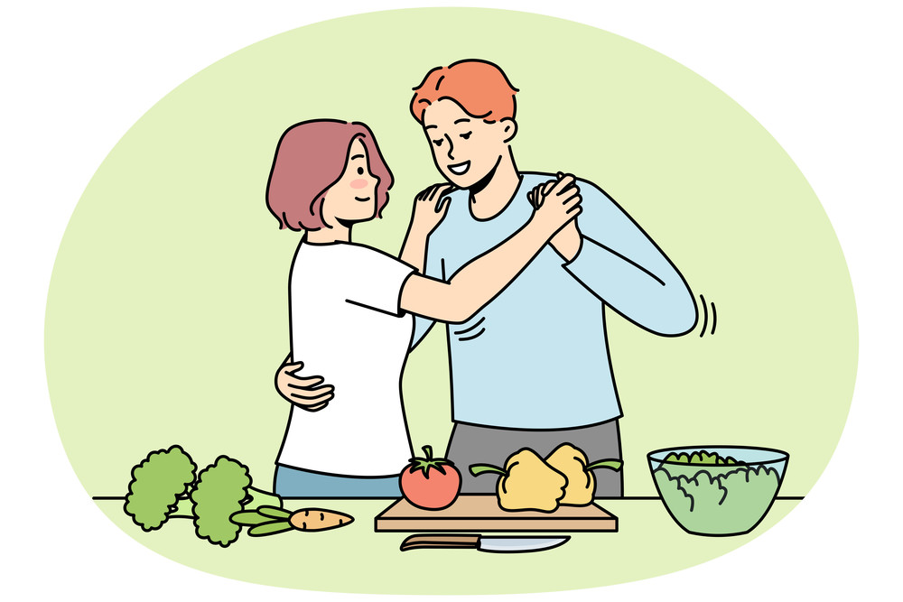 Happy couple cooking in kitchen dancing together. Smiling man and woman enjoy food preparation on weekend. Vector illustration.. Happy couple cooking and dancing in kitchen