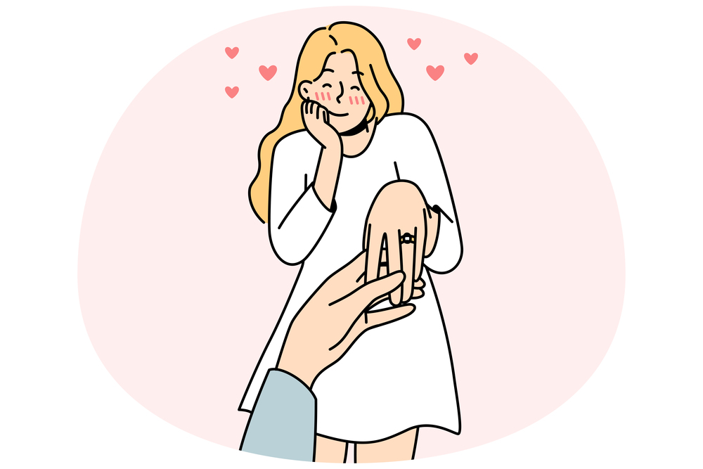 Happy young woman with ring on finger is engaged. Man holding female lover hand make marriage proposal. Ove and relationship. Vector illustration.. Happy woman with ring on finger