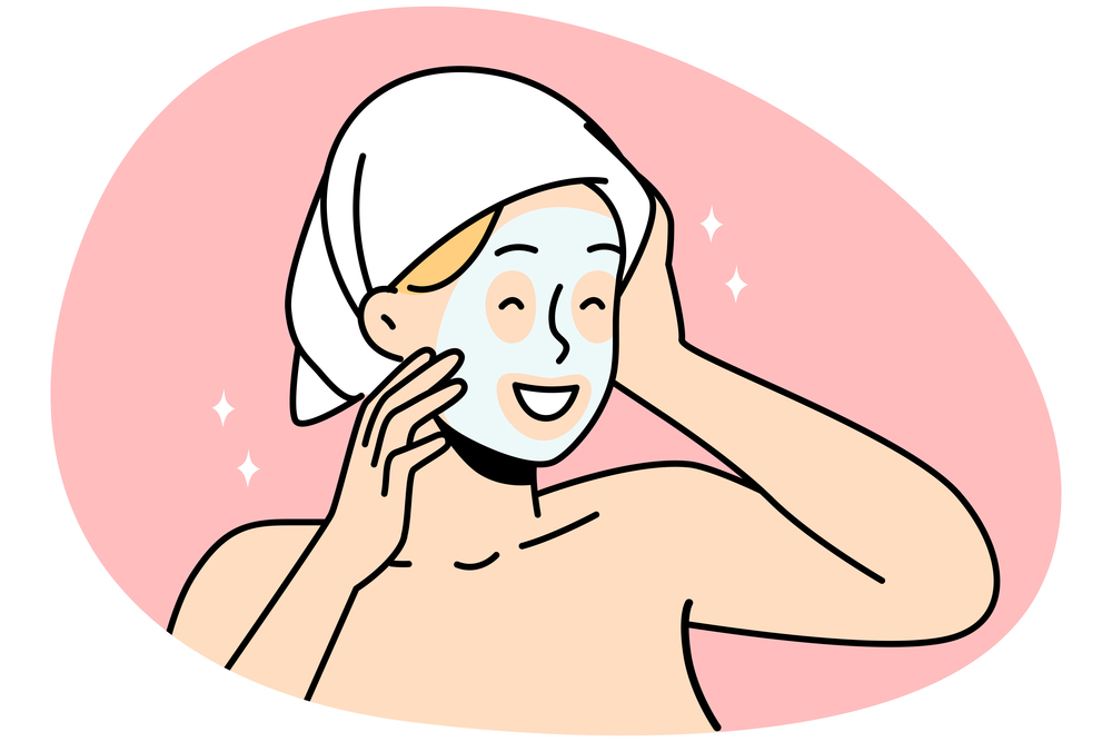 Happy young woman in towel on head and facial mask enjoy beauty procedure. Smiling girl have face skincare routine at home on spa day. Vector illustration.. Happy woman enjoy beauty procedures