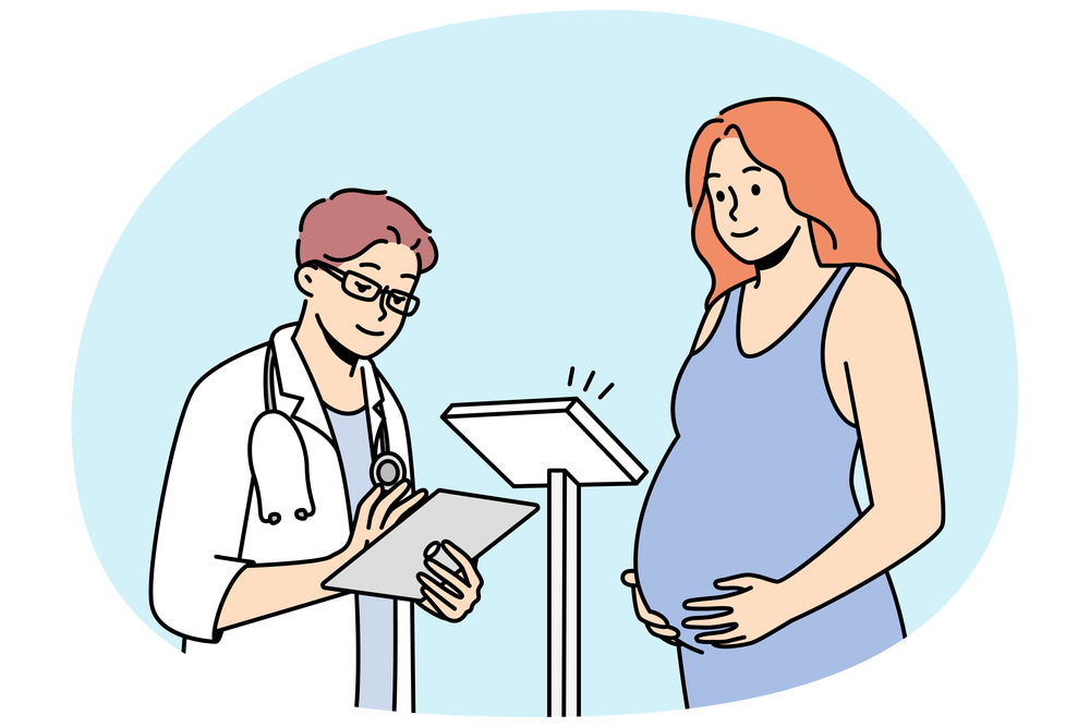 Doctor checking pregnant woman in hospital. Male GP weigh female with pregnancy at appointment in clinic. Healthcare and medicine. Vector illustration.. Doctor examine pregnant woman in hospital